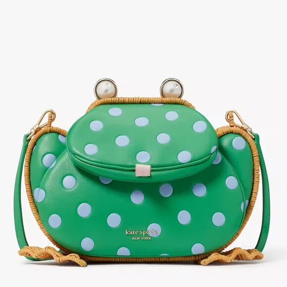 kate spade Handbags - NWT Kate Spade Lily Polka Dot Wicker 3D Frog Crossbody/Green/Wicker-Leather